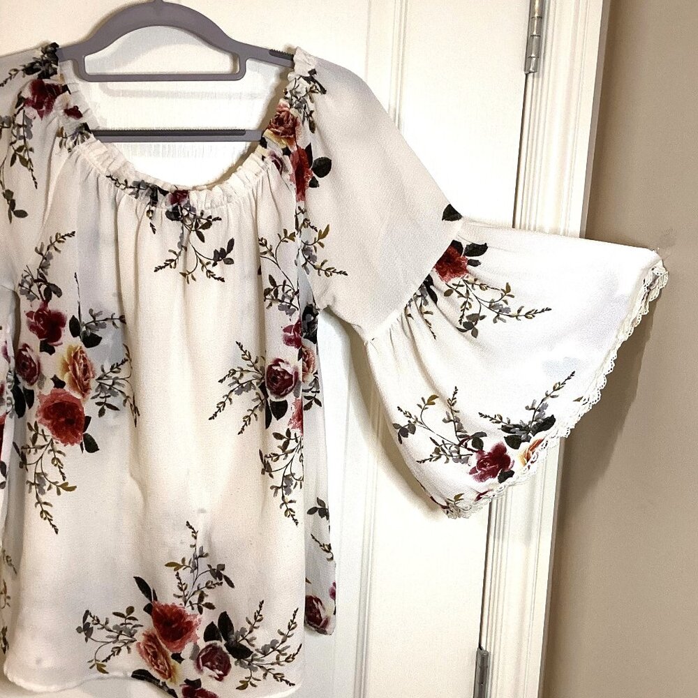 Umgee Women's Top Off-The-Shoulder Blouse Floral Semi Sheer Elastic Neckline